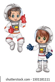 Astronaut Cartoon Characters in Outer Space Suit. Set with Astronaut kids isolated on White Background. Cartoon Pretty Girls and Boys Wearing Astronaut Costume. Vector Illustration for Children Books