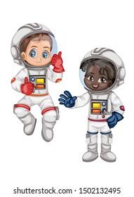 Astronaut Cartoon Characters in Outer Space Suit. Set with Astronaut kids isolated on White Background. Cartoon Pretty Girls and Boys Wearing Astronaut Costume. Vector Illustration for Books and Games