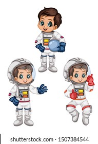Astronaut Cartoon Characters in Outer Space Suit. Set with Standing and Flying Astronaut kids isolated on White Background. Cartoon Boys Wearing Astronaut Costume. Vector Illustration for Books and Ga