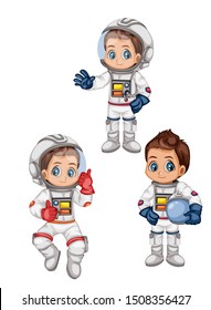 Astronaut Cartoon Characters in Outer Space Suit. Set with Standing and Flying Astronaut kids isolated on White Background. Cartoon Boys Wearing Astronaut Costume. Vector Illustration for Books and Ga