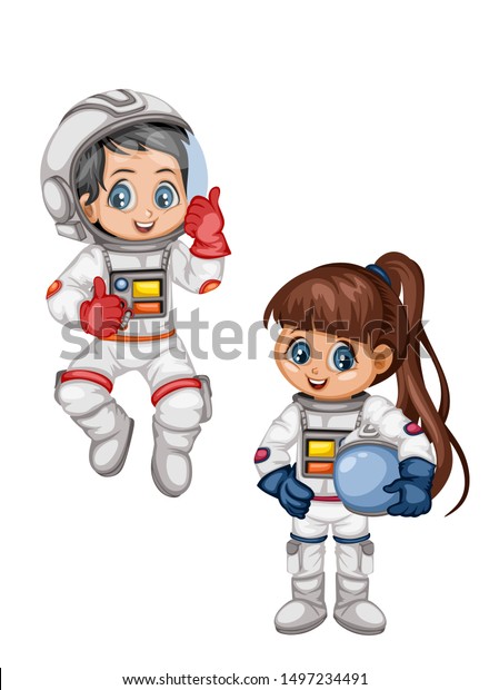 Astronaut Cartoon Characters in Outer Space Suit. Set with Astronaut