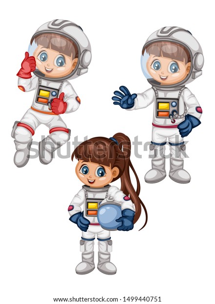 Astronaut Cartoon Characters in Outer Space Suit. Set with Astronaut kids isolated on White Background. Vector Illustration for Children wall mural.