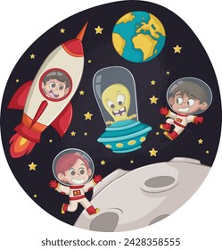 Astronaut cartoon children flying around and moon in space. Spaceship and flying saucer.
