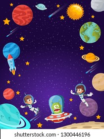 Astronaut cartoon children flying in the space. Alien Spaceship.

