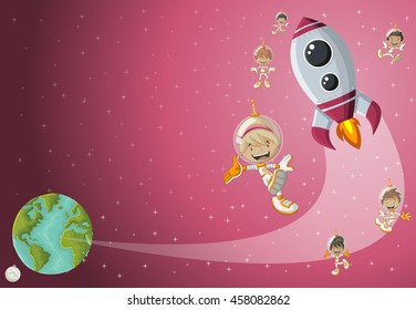 Astronaut cartoon children flying in the space with a futuristic rocket shuttle. Spaceship around the earth planet and moon.
