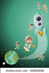 Astronaut cartoon children flying in the space with a futuristic rocket shuttle. Spaceship around the earth planet and moon.
