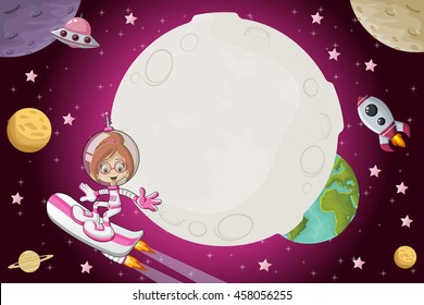 Astronaut cartoon girl flying in the space with a futuristic rocket skate board.
