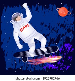 Astronaut cartoon - grunge style background, red planet - vector. Space Research. Mars Mission