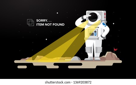 Astronaut cartoon looking for something in space, 404 not found illustration concept