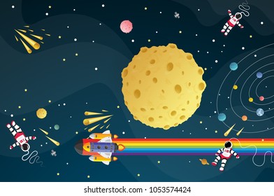 Astronaut cartoon on the moon with a spaceship in space