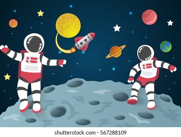 Astronaut cartoon on the moon with a spaceship in space,paper art