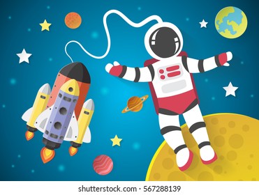 Astronaut cartoon on the moon with a spaceship in space,paper art