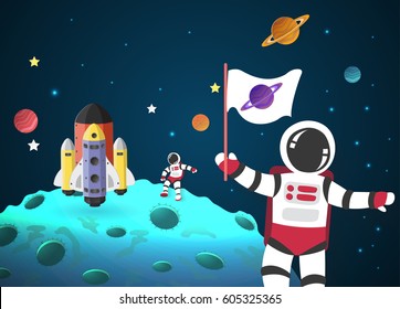 Astronaut cartoon on the moon with a spaceship in space,vector