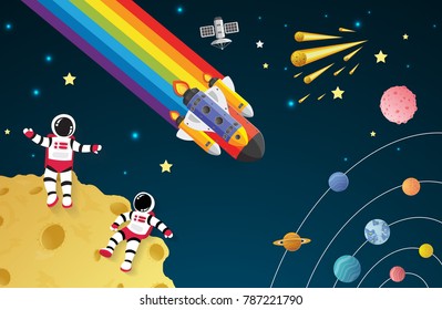 Astronaut cartoon on the moon with a spaceship in space