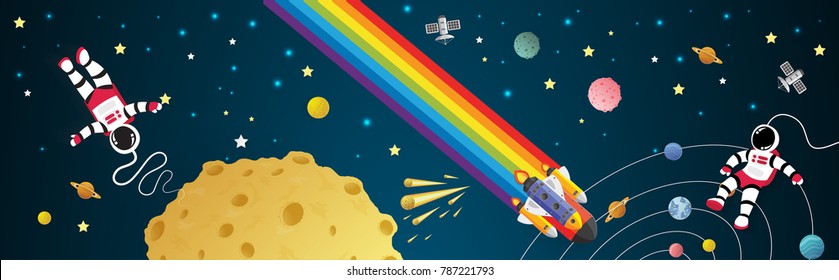 Astronaut cartoon on the moon with a spaceship in space