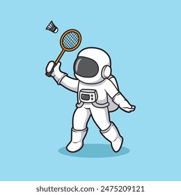 astronaut cartoon play badminton, mascot character, sport activity