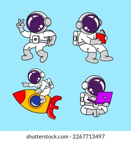 Astronaut cartoon set, animation , flat design, super hero, Vector
Illustration.
