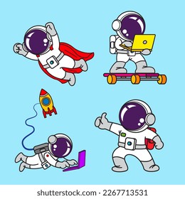 Juego de dibujos animados astronautas, animación, diseño plano, superhéroe, ilustración vectorial.