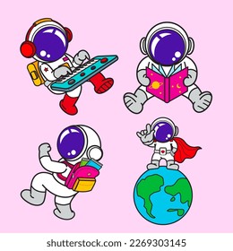 Astronaut cartoon set, animation , flat design, galaxy , Vector illustration