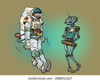 An astronaut in a cartoon shock pose, looking at a female robot