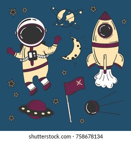 Astronaut cartoon space set. Man in space suit with objects from lunar mission. Rocket, spaceship, satellite and moon. Color vector illustration