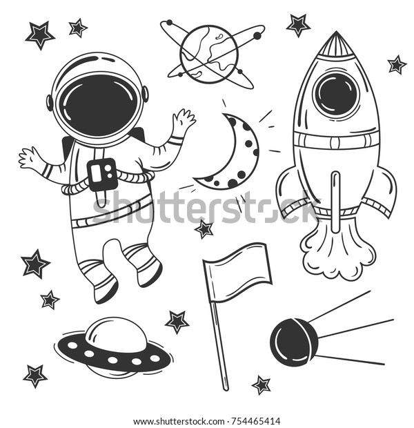 Astronaut cartoon space set. Man in\
space suit with objects from lunar mission. Rocket, spaceship,\
satellite and moon. Black and white vector\
illustration
