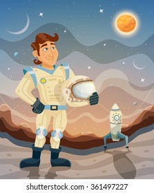 Astronaut. Cartoon space theme illustration with a moon and stars. Design concept Cosmic Poster Vector illustration