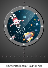 Astronaut cartoon with a spaceship and orbit in windows,paper art
