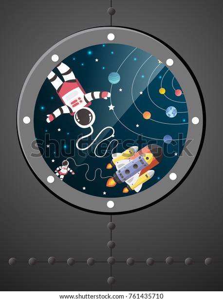 Astronaut Cartoon Spaceship Orbit Windowspaper Art Stock Vector Royalty Free 761435710