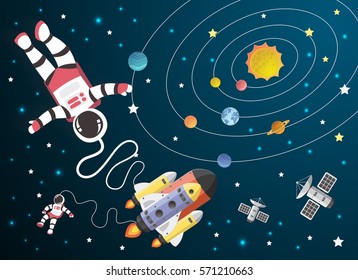 Astronaut cartoon with a spaceship in orbit,paper art