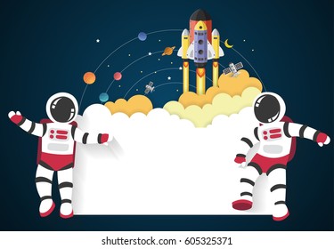 Astronaut cartoon with a spaceship in space and sign,vector