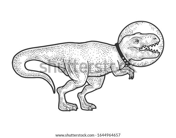 ガラスのヘルメットに描かれた宇宙飛行士の漫画 ティラノサウルス の恐竜動物のスケッチ彫刻ベクターイラスト Tシャツのアパレルプリントデザイン スクラッチボードの模倣 白黒の手描きの画像 のベクター画像素材 ロイヤリティフリー
