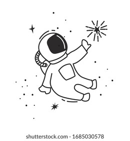 astronaut cartoon in the universe touching stars. vector illustration