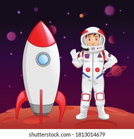 astronaut cartoon waving arrived at planet mars