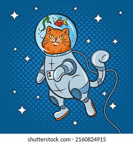 astronaut cat with aquarium instead of space helmet pop art retro vector illustration. Comic book style imitation.