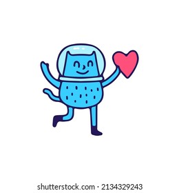 Astronaut cat character with heart symbol, illustration for t-shirt, street wear, sticker, or apparel merchandise. With retro, and cartoon style.