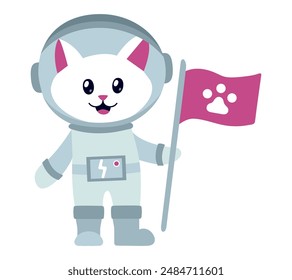Astronaut cat with flag and animal print. Isolated character. Smiling Kitten in spacesuit. Pet. Discoverer, space explorer. Image of profession for child. Flat design. Color image. Vector illustration