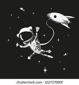 The astronaut cat flies against the starry sky and rocket. Vector drawing.