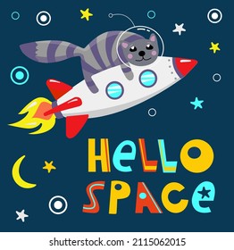 The astronaut cat flies on a rocket among the stars and planets on a dark blue background of space. Flat vector illustration in cartoon style with "hello space" text.