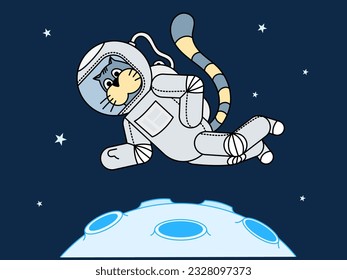 The astronaut cat flies over the surface of the moon in space. Flat vector color illustration with outline.	