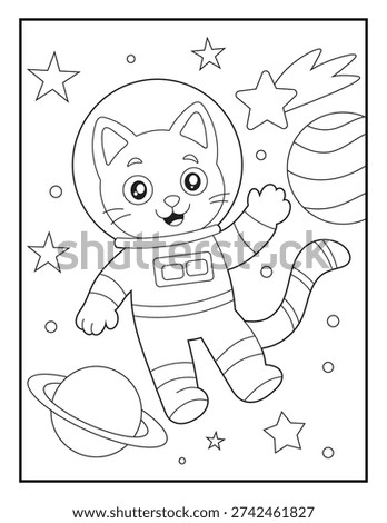 Astronaut Cat Floating in Outer Space Coloring Page for Kids and Adults. Fun and Printable Activity Sheet for Children.