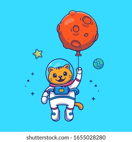 Astronaut Cat Flying With Balloon Vector Icon Illustration. Mascot Cartoon Character. Animal Icon Concept White Isolated. Flat Cartoon Style Suitable for Web Landing Page, Banner, Flyer, Sticker, Card