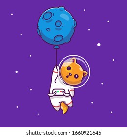 Astronaut Cat Flying With Balloon Vector Icon Illustration. Mascot Cartoon Character. Animal Icon Concept White Isolated. Flat Cartoon Style Suitable for Web Landing Page, Banner, Flyer, Sticker, Card