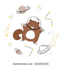 Astronaut cat, cat flying in space, children's illustrations on the space theme, spaceships, aliens, comet, planet, asteroid, space, galaxy, rocket flying into space, alien ship