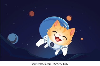 Astronaut cat is flying in space. Vector illustration for postcard, banner, web, art design.
