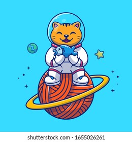 Astronaut Cat Holding Fish Vector Icon Illustration. Mascot Cartoon Character. Animal Icon Concept White Isolated. Flat Cartoon Style Suitable for Web Landing Page, Banner, Flyer, Sticker, Card