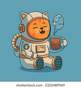 astronaut cat with hot coffee
