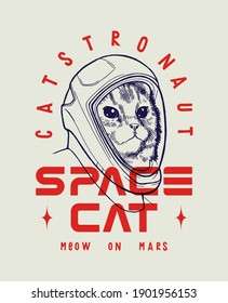 Astronaut cat in new American space x suit. Meow on Mars. Catstronaut typography t-shirt print.