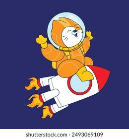 astronaut cat in orange costume riding a rocket