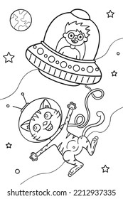 An astronaut cat in outer space near a spaceship. Black and white vector illustration for coloring book.